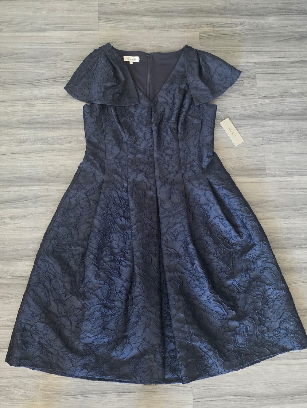$680Teri John Rickie Freeman Elegant Navy Floral Jacquard Fit & Flare Dress NWT